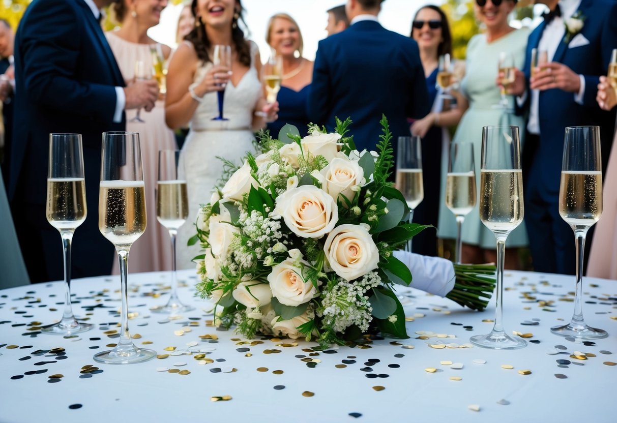 A bouquet rests on a table, surrounded by empty champagne glasses and scattered confetti. Laughter and music fill the air as guests mingle and celebrate