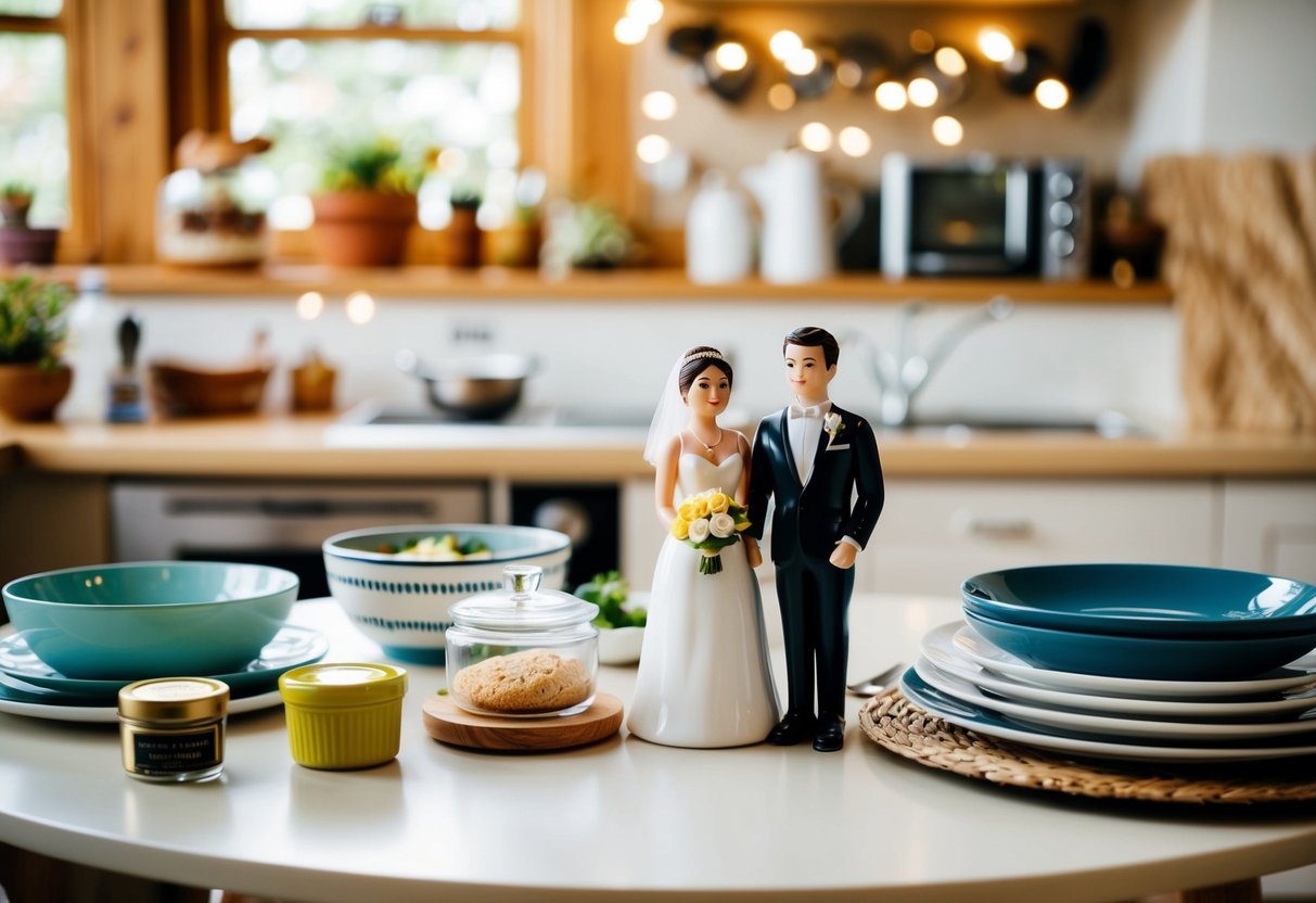 A table with various kitchenware and home goods, with a bride and groom figurine placed next to each other