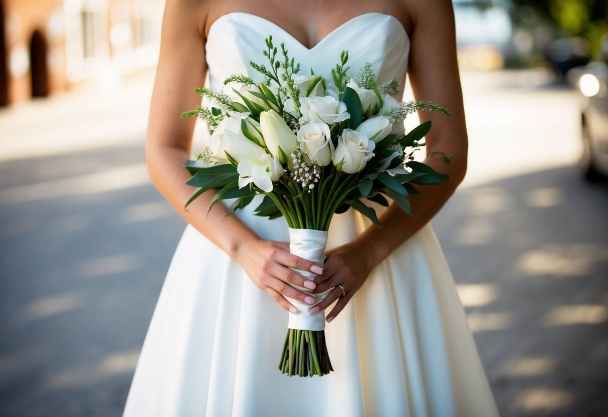 A bride's bouquet held in front of her, with the stems wrapped in ribbon, flowers facing outward