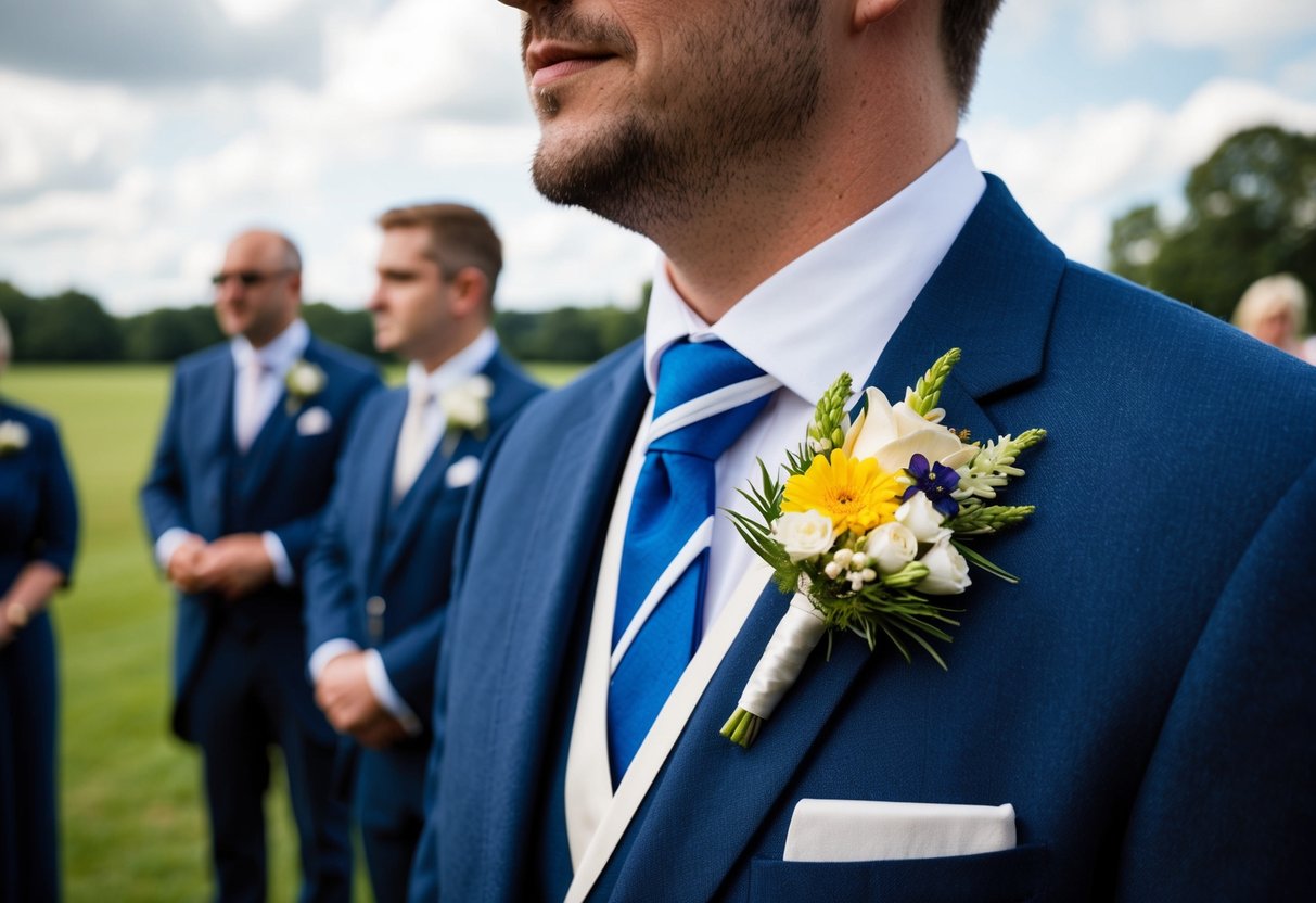 A wedding guest in the UK wearing a traditional boutonniere of fresh flowers pinned to their lapel