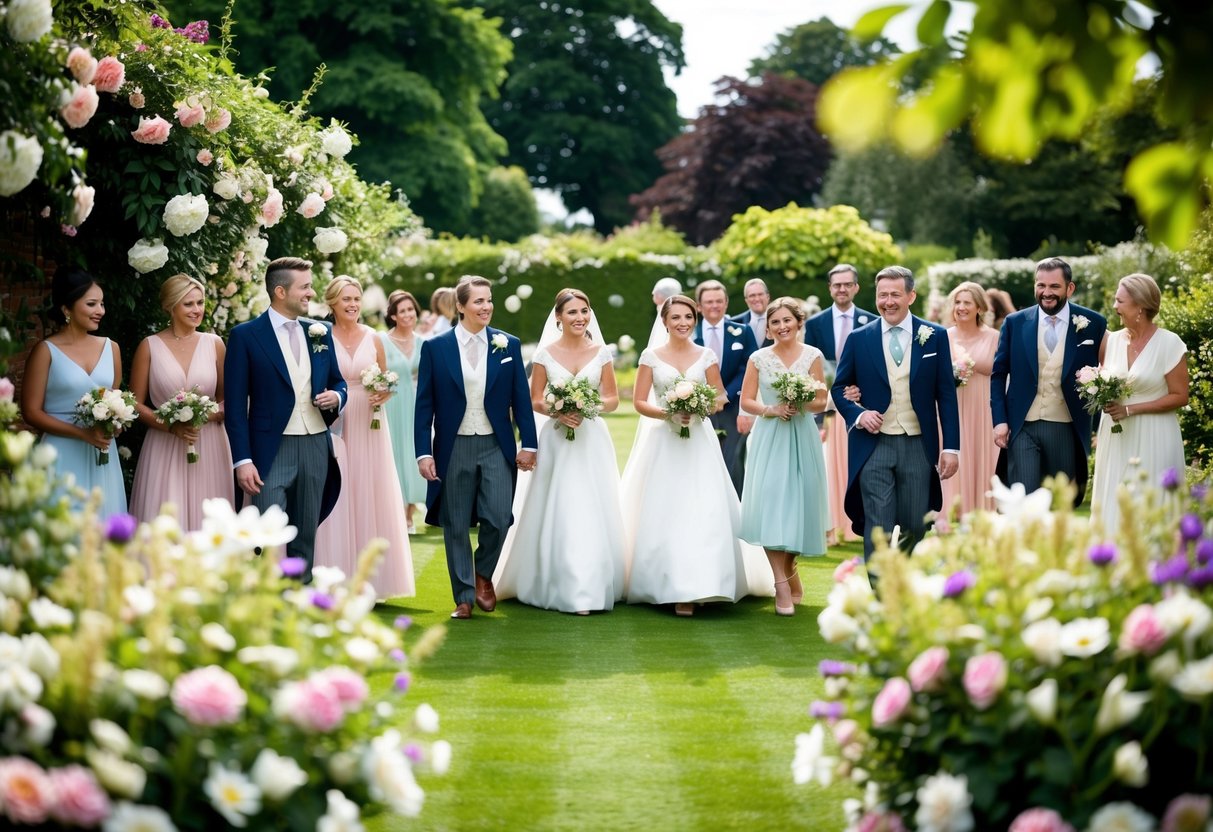 A garden filled with elegantly dressed wedding guests adorned with fresh flowers in the UK
