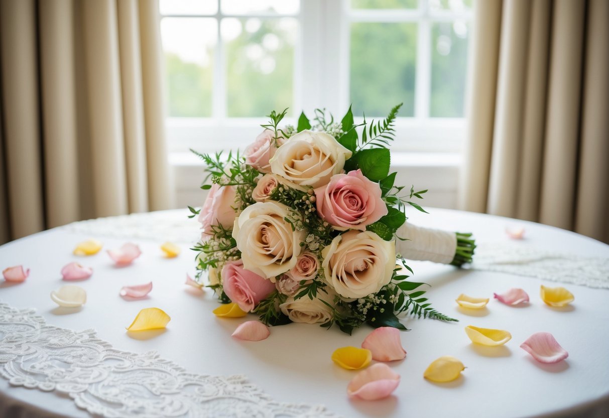 A bride's bouquet rests on a draped table, surrounded by delicate lace and scattered rose petals. The soft light from a nearby window highlights the vibrant colors of the flowers