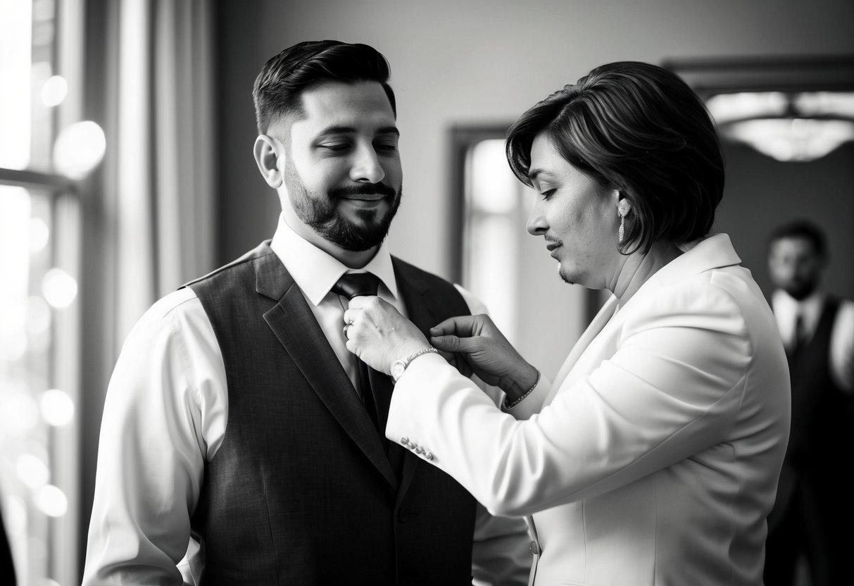A mother lovingly adjusts her son's tie and straightens his suit before his wedding ceremony
