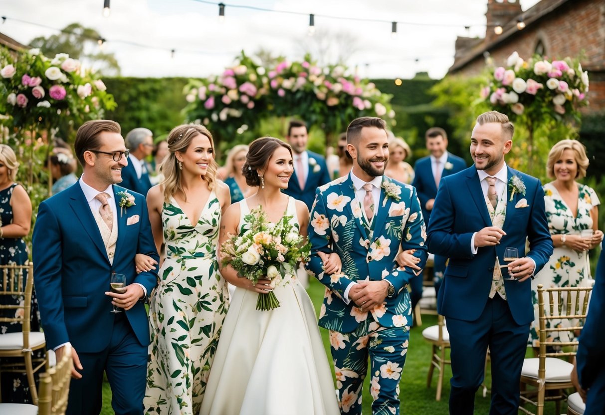 A garden-inspired wedding venue with guests wearing floral-patterned dresses and suits, and adorned with fresh flower accessories