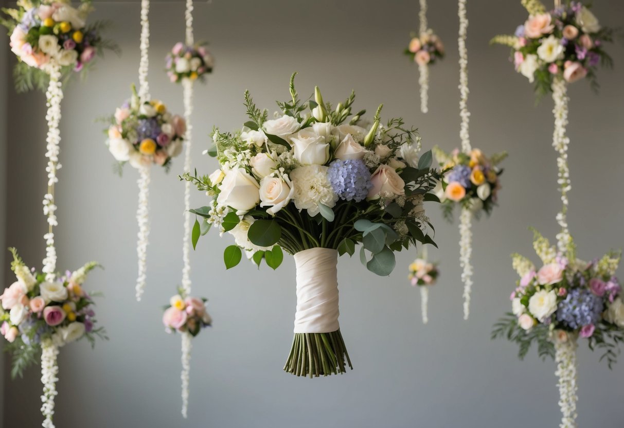 A bride's bouquet suspended in midair, surrounded by floating floral arrangements of various sizes and colors, creating a whimsical and enchanting scene