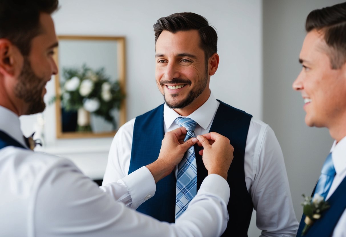 A mother gently straightens her son's tie, offering a reassuring smile as she helps him prepare for his wedding day