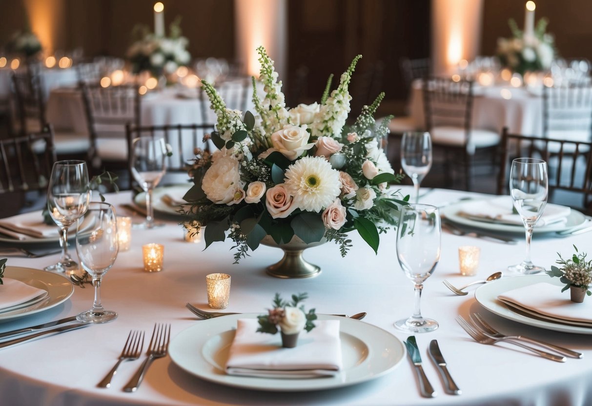 A table setting at a wedding reception with elegant floral centerpieces and individual place settings adorned with small, tasteful flower arrangements
