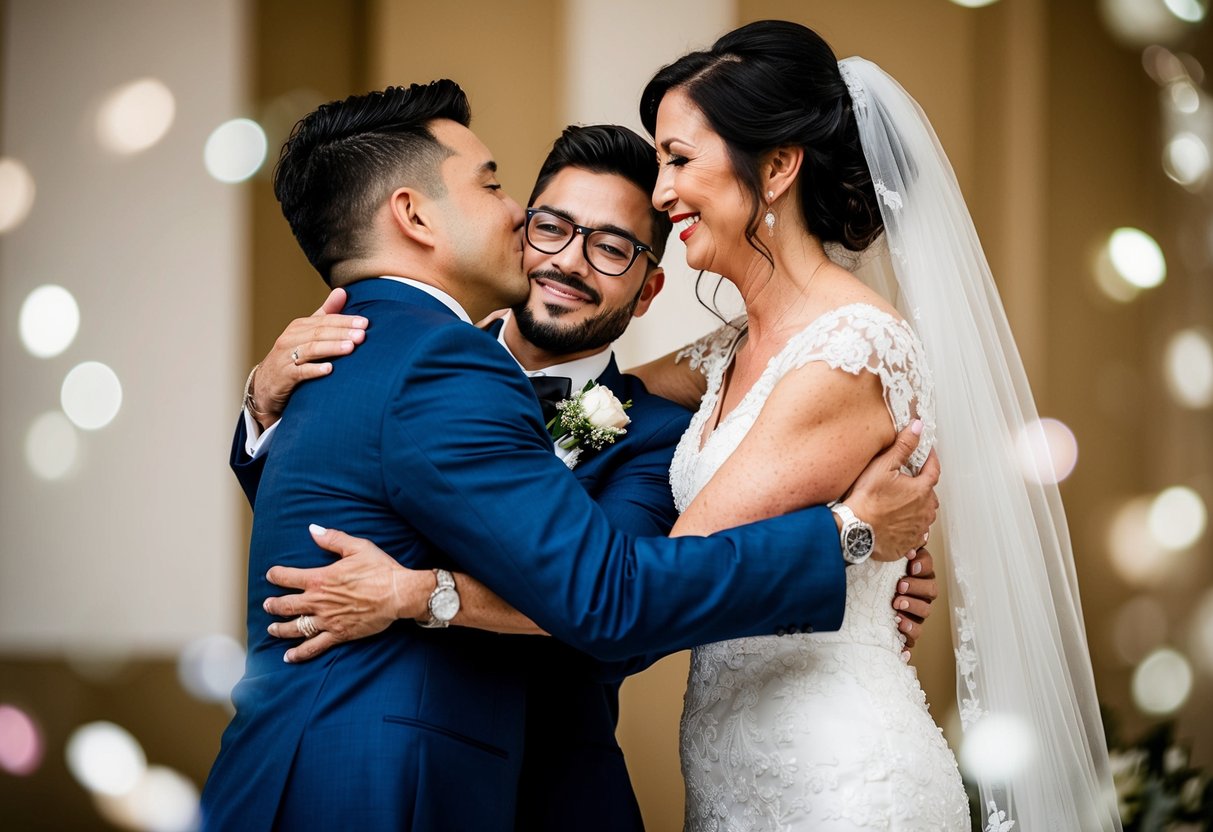 A mother presents her son with a special gift, embracing him with a gesture of love and pride on his wedding day