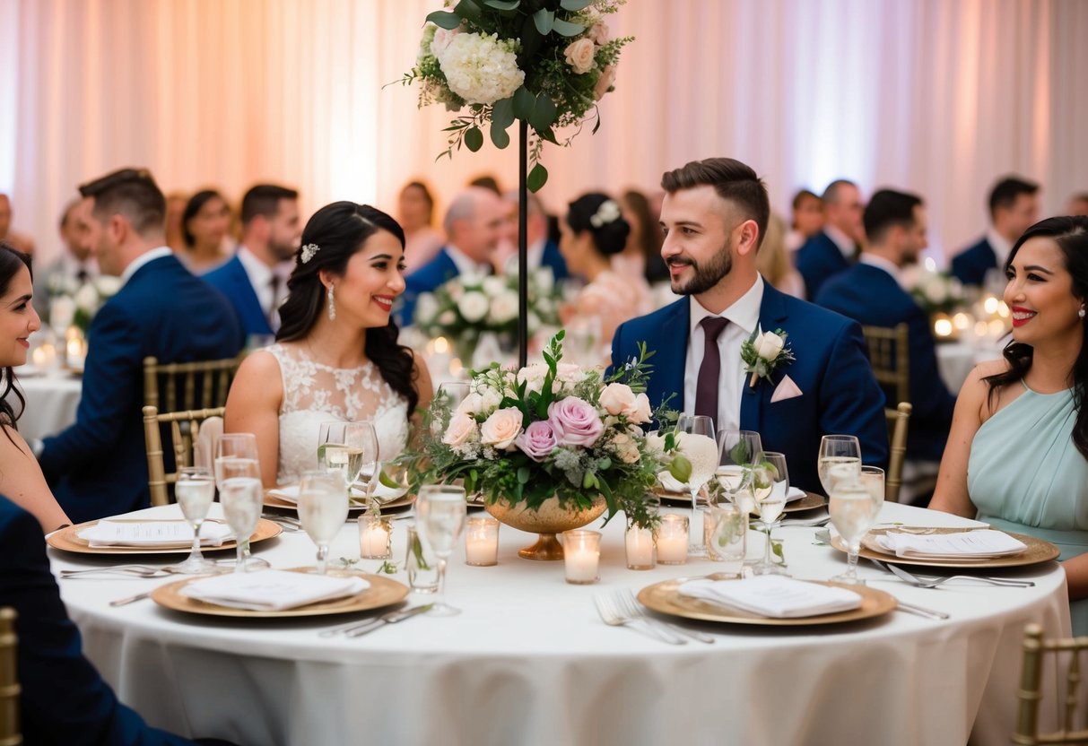 Guests adorn tables with floral centerpieces at a wedding reception. Bouquets and boutonnieres are seen on guests' attire
