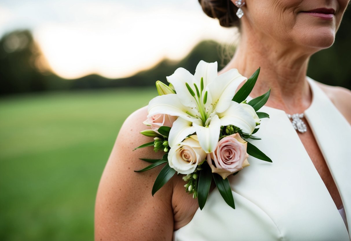 The mother of the groom wears a corsage of white lilies and pale pink roses pinned to her dress