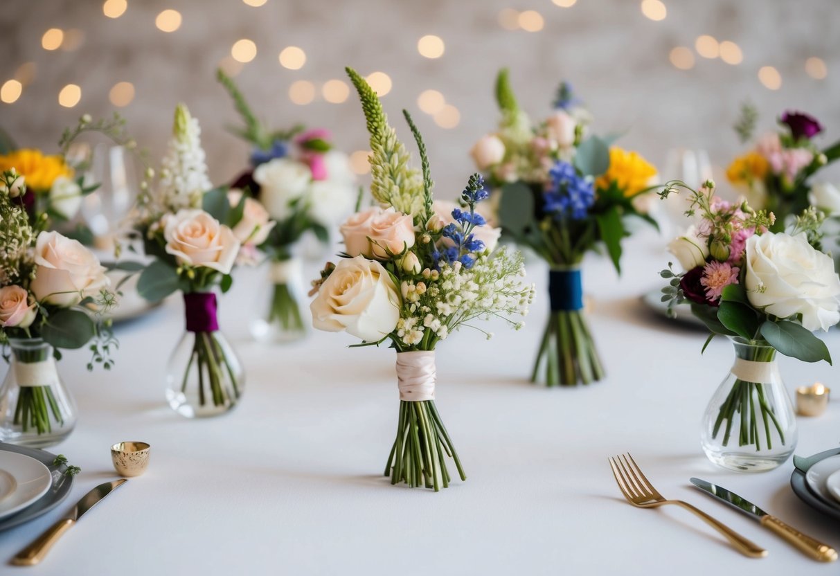 A table adorned with delicate floral accessories for the wedding party, including boutonnieres and corsages in a variety of colors and styles