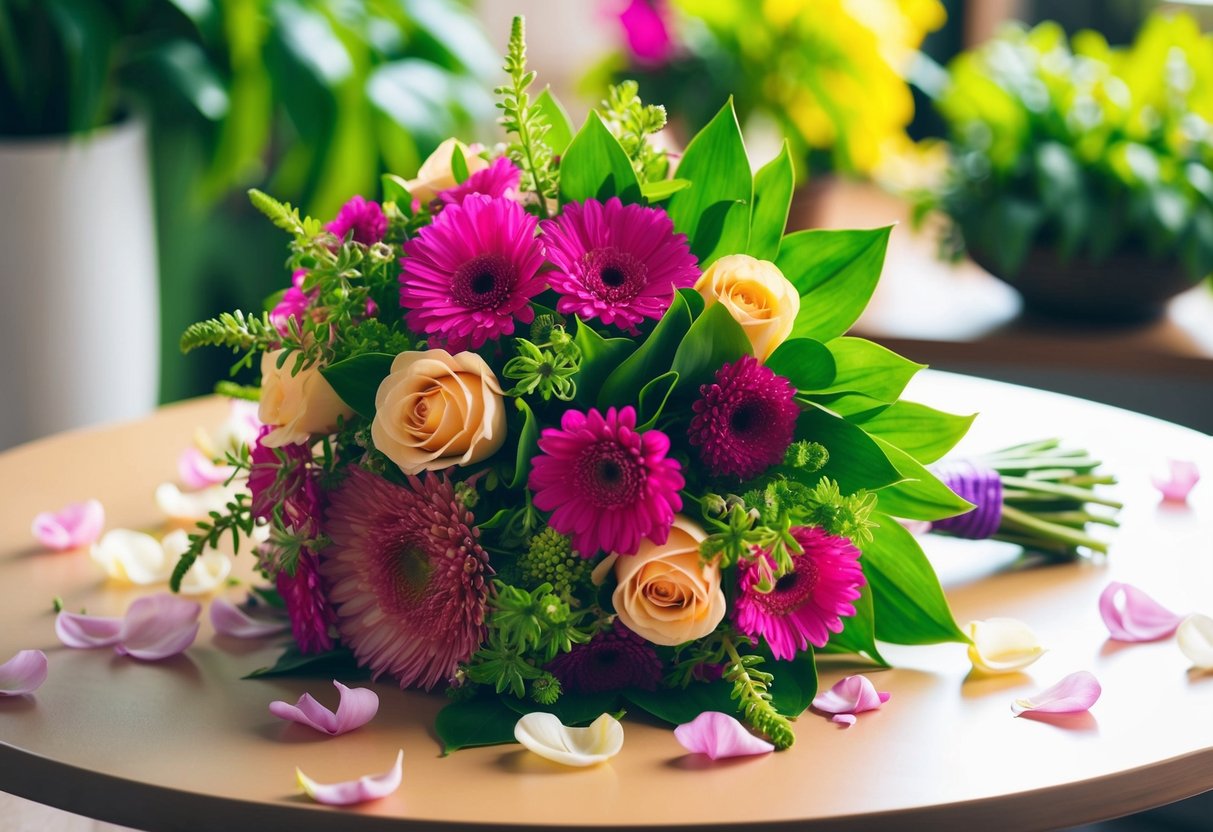 A vibrant bouquet of flowers rests on a table, surrounded by delicate petals and lush greenery