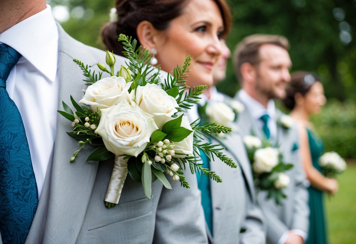 The mother of the groom wears a corsage of white roses and greenery, coordinating with the wedding party's floral arrangements