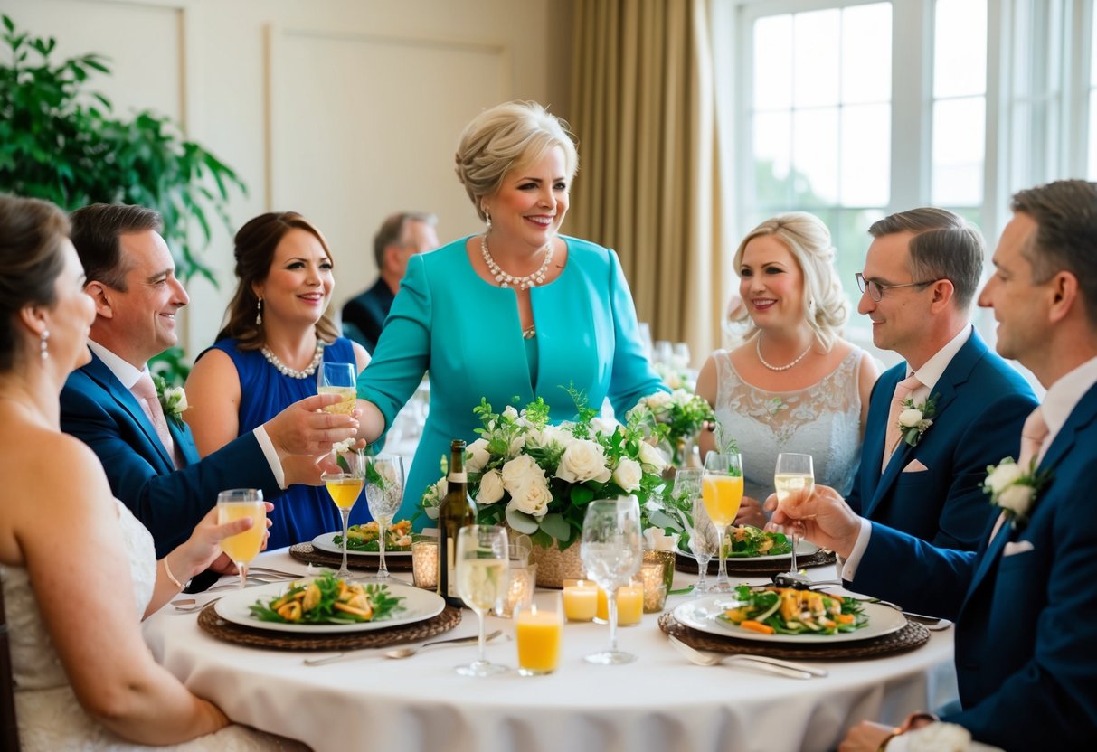 The mother of the groom traditionally pays for the rehearsal dinner. An illustration could show a beautifully set table with food and drinks, surrounded by family and friends
