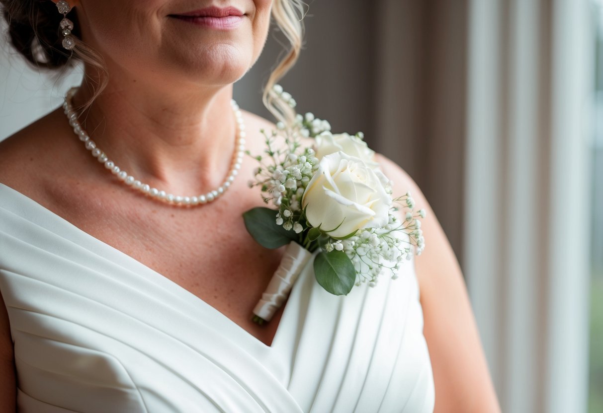 The mother of the groom wears a delicate corsage of white roses and baby's breath, adding a touch of elegance to her personal style and comfort