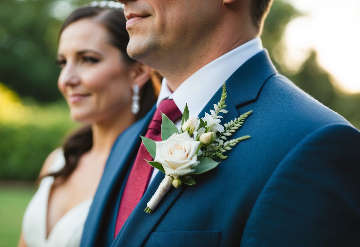 A corsage pinned to a wedding guest's lapel
