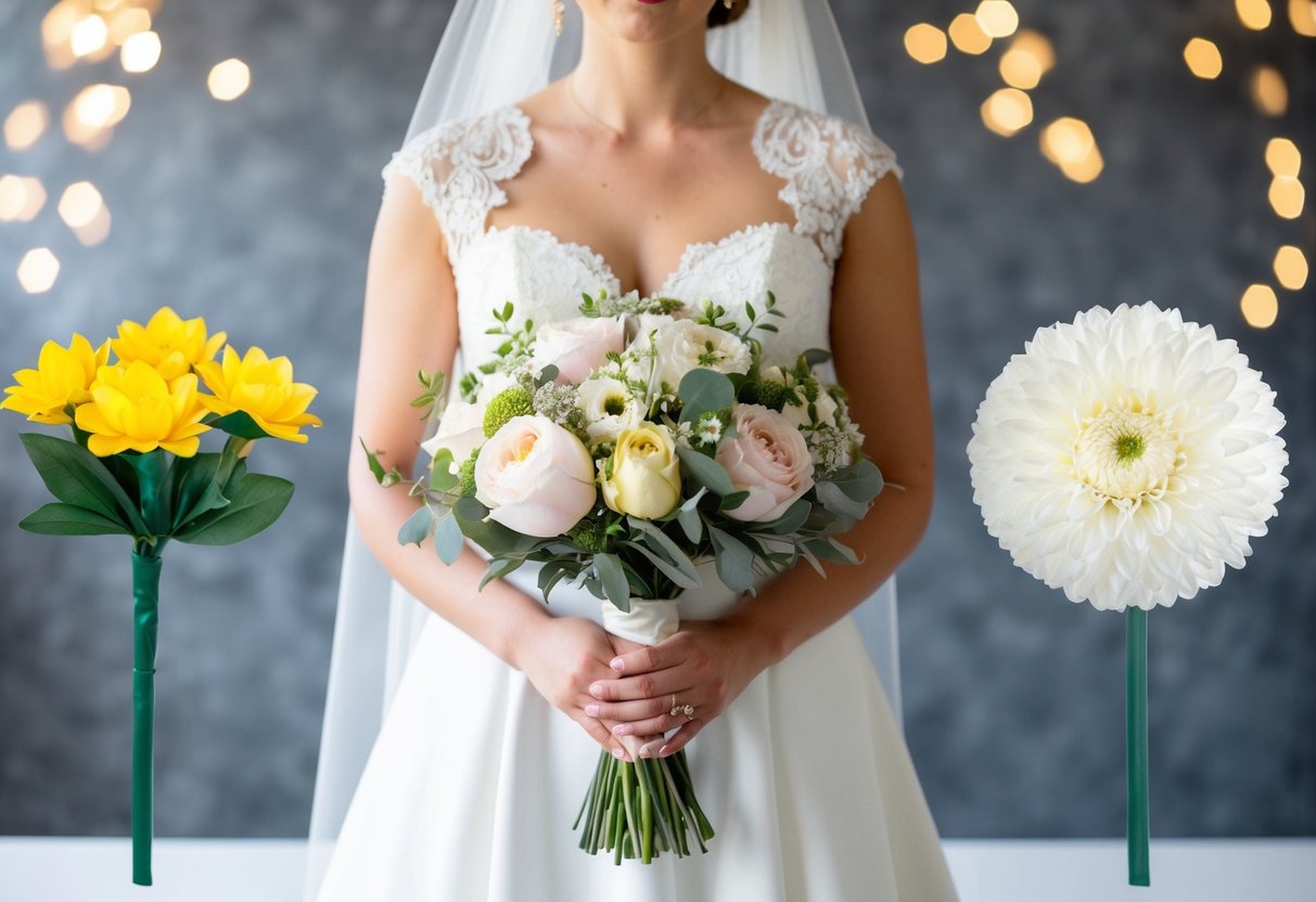 A bride holding a bouquet of flowers, with both real and fake flowers displayed side by side for comparison