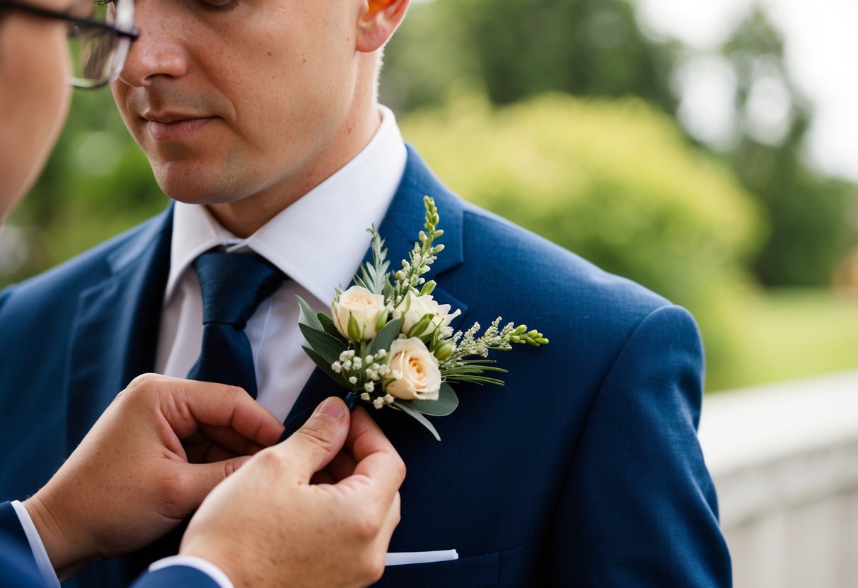 A person prepares a corsage, carefully pinning it to the lapel of a suit jacket. The corsage features delicate flowers and greenery, adding a touch of elegance to the formal attire