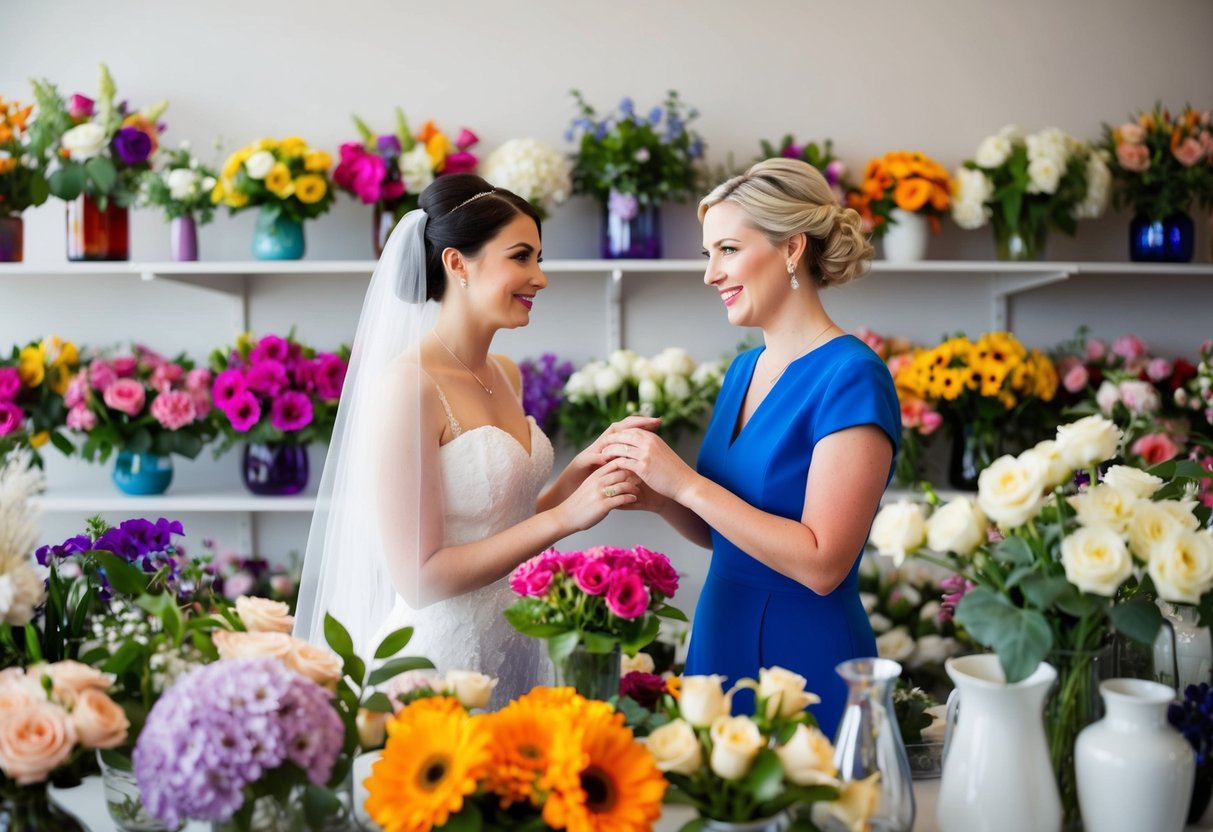 A bride comparing real and fake flowers at a floral shop, surrounded by colorful blooms and various vases