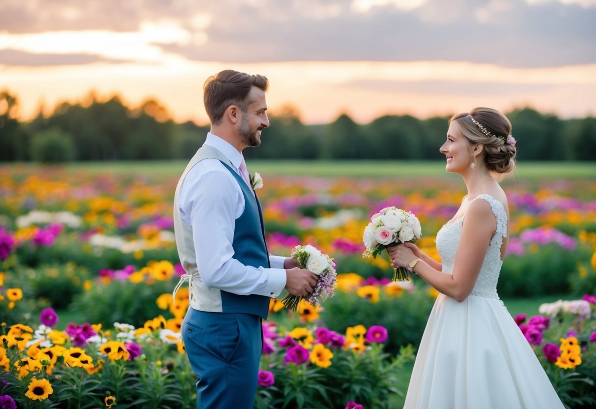 A bride and groom stand in a field of vibrant, blooming flowers, debating between real and fake blooms for their wedding decor