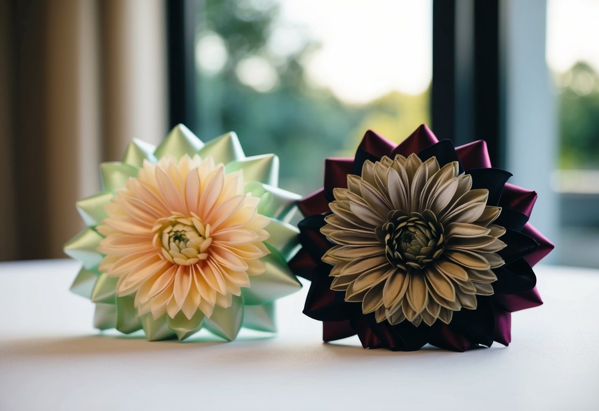 Two elegant corsages rest on a table, one in soft pastel hues and the other in deep, rich tones