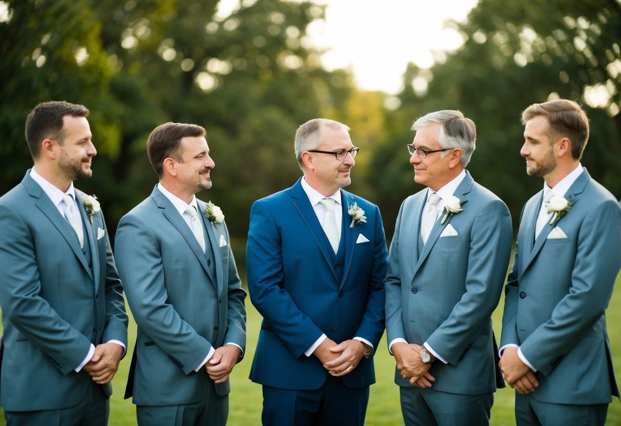 A group of groomsmen and fathers stand together wearing matching suits, discussing the attire for the wedding