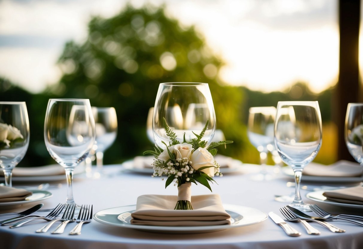 A wedding table with a corsage at each place setting