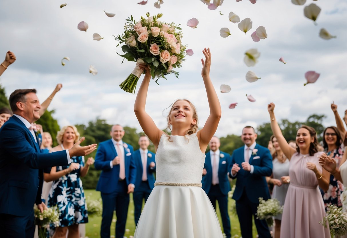 A bouquet hovers mid-air, petals floating, as a girl catches it, surrounded by cheering guests and scattered flowers