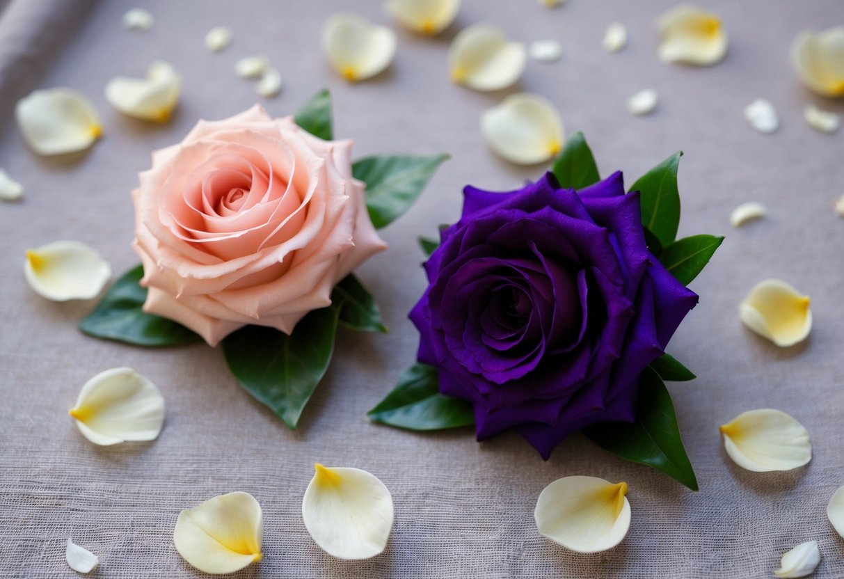 Two elegant corsages, one in soft pink and the other in deep purple, are delicately pinned to a fabric background, surrounded by scattered flower petals