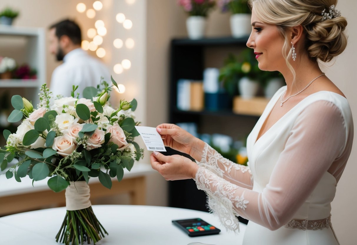 A bride hands over payment for a bouquet to a florist