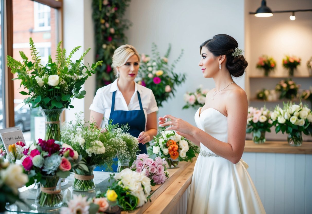 A bride stands at a floral shop counter, discussing wedding bouquets with a florist. Various flowers and greenery are displayed on the counter