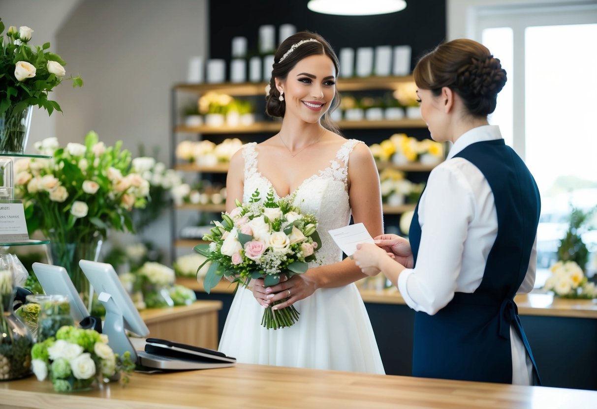 A bride holding a bouquet while standing at a florist shop counter, discussing payment with the florist