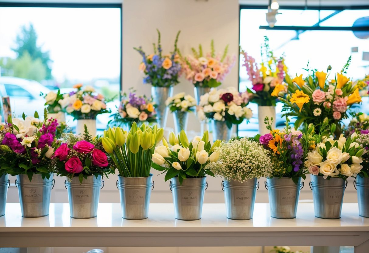 A florist shop with a variety of colorful and elegant wedding flowers arranged in vases and buckets
