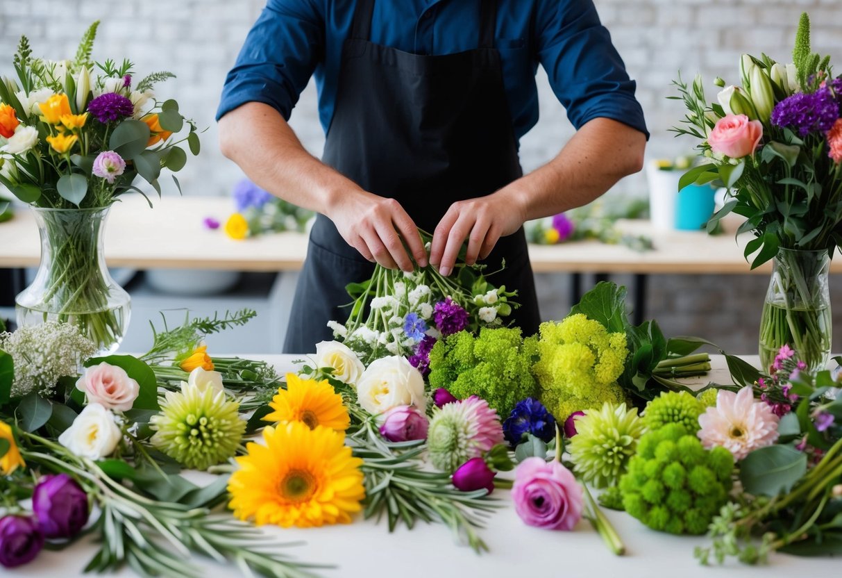 A florist arranging various types of flowers in preparation for a wedding, with colorful blooms and greenery spread out on a worktable