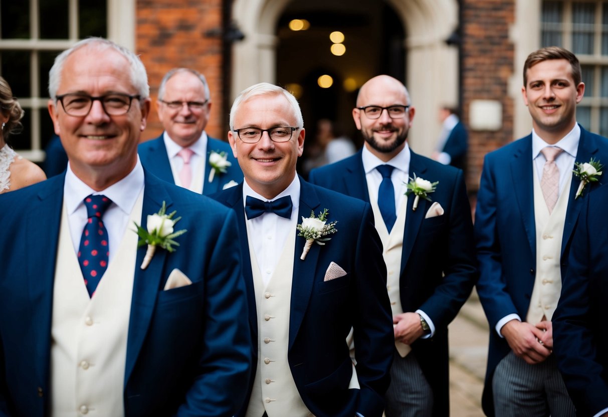 Guests in formal attire at a UK wedding, wearing buttonholes on their lapels