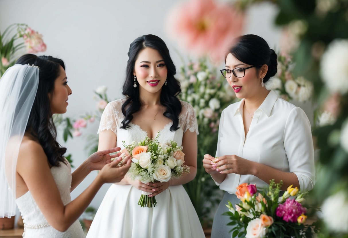 A bride comparing different flower options and discussing cost-saving tips with a florist