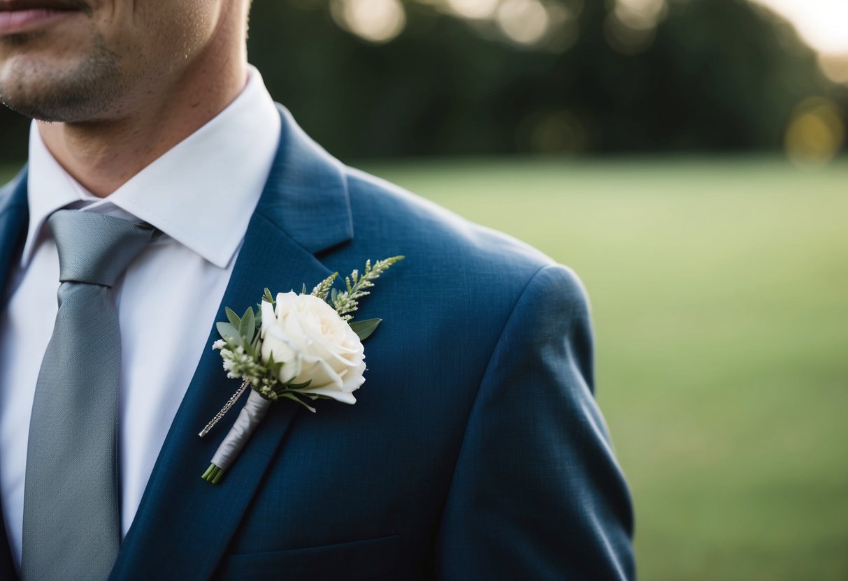 A groom's suit jacket with a buttonhole flower pinned on the lapel