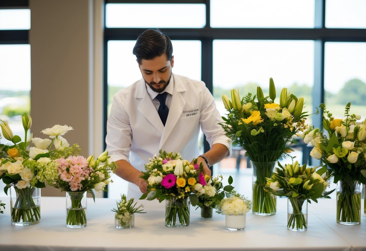A florist arranging various flowers in preparation for a wedding, with different options displayed on a table