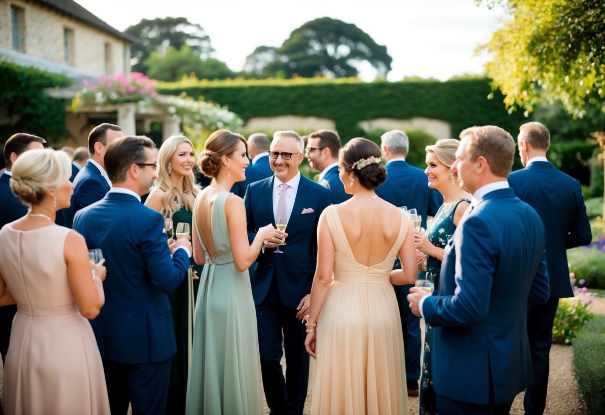A group of elegantly dressed guests mingle in a beautiful outdoor garden setting, with women wearing tasteful dresses and men in suits or formal attire