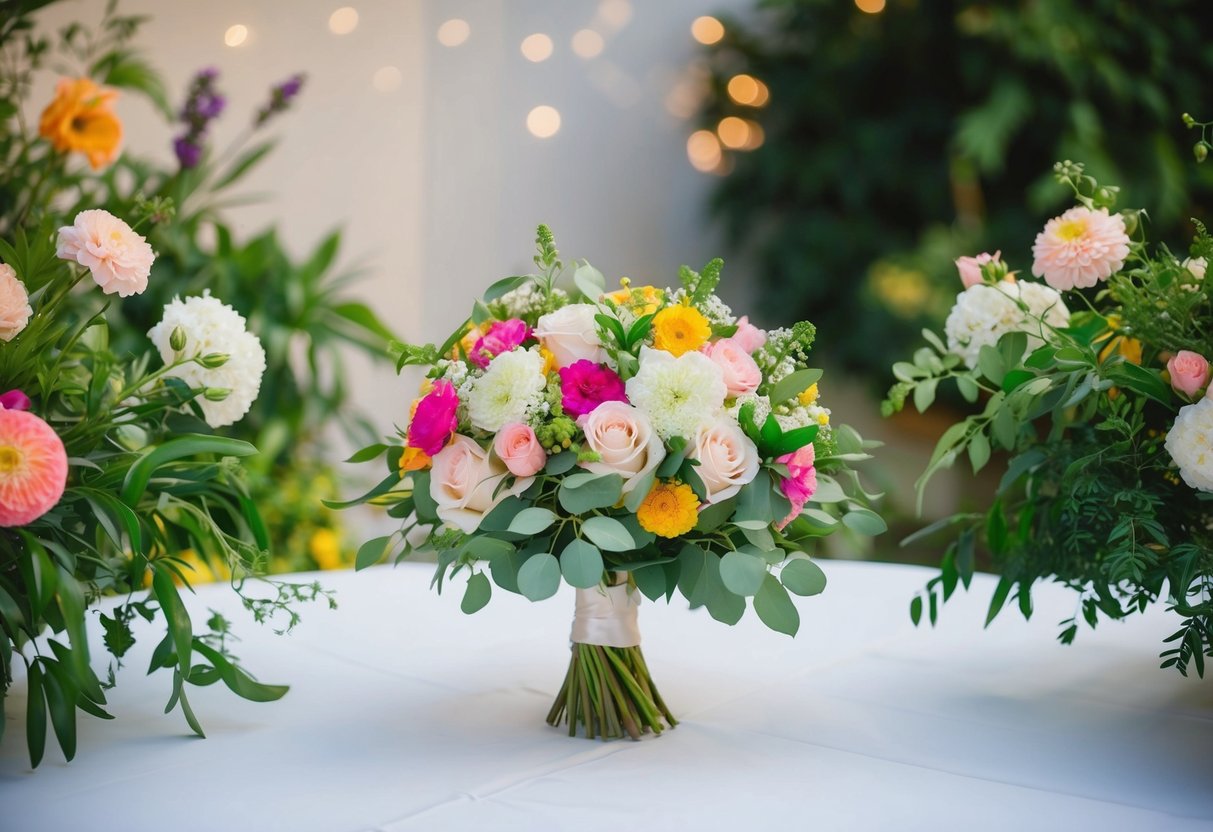 A wedding bouquet sits on a table, surrounded by blooming flowers and lush greenery. The vibrant colors and fragrant aroma suggest freshness