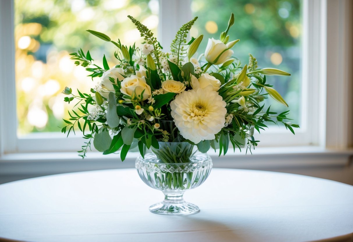 A wedding bouquet sits in a crystal vase on a table, surrounded by soft natural light filtering through a window. The flowers are vibrant and fragrant, with delicate petals and lush greenery