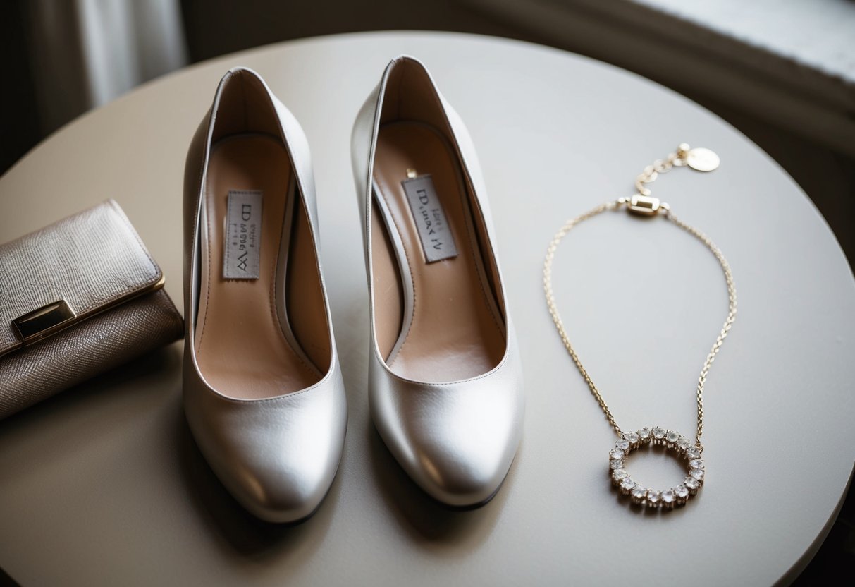 A pair of elegant dress shoes next to a clutch purse and a delicate necklace laid out on a table