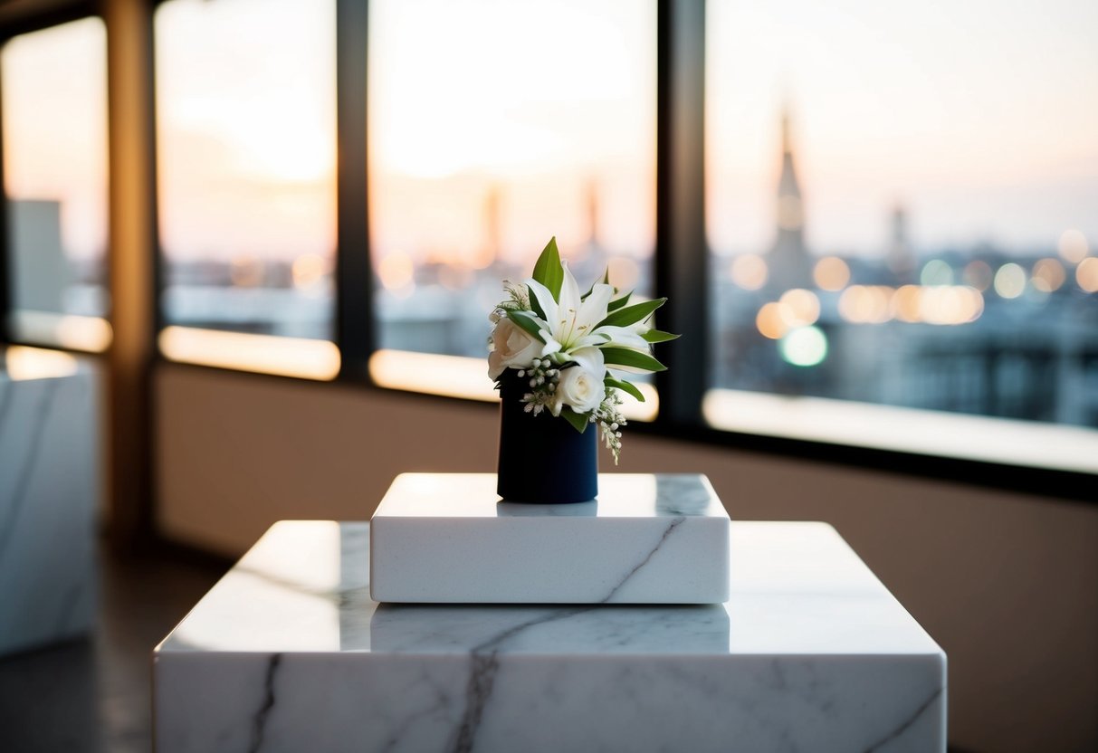A modern, minimalist wrist corsage displayed on a sleek, marble pedestal