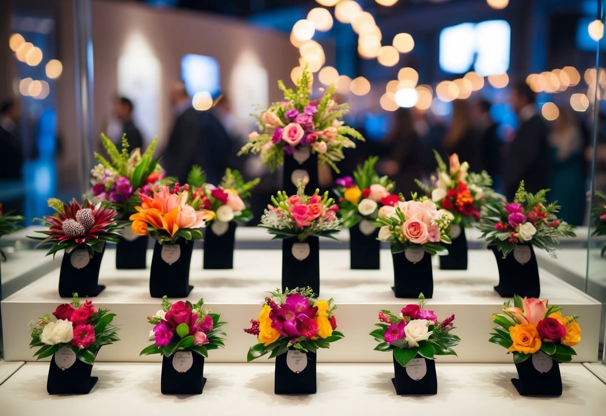 A display of corsages throughout history, from traditional floral wrist corsages to modern alternatives, showcased on a stylish mannequin