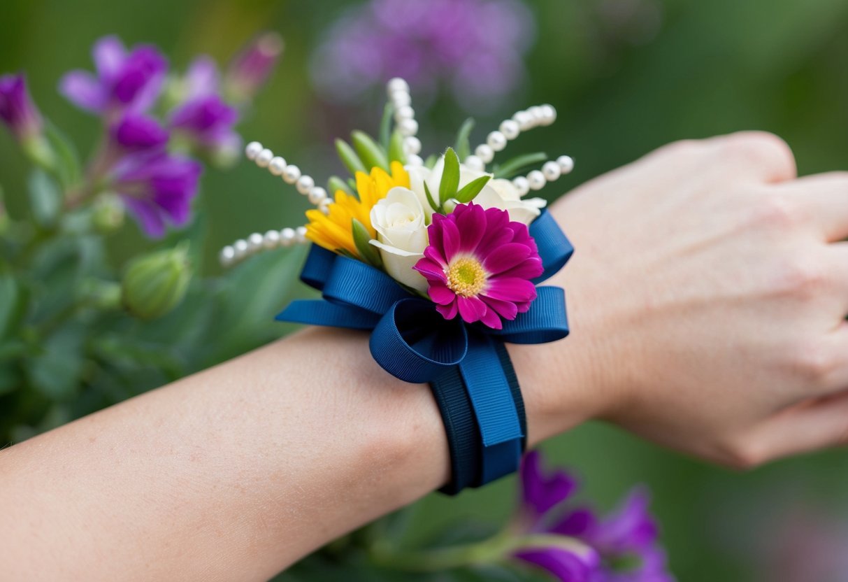 A wrist corsage with vibrant flowers and elegant ribbon, displayed on a modern and stylish wristband