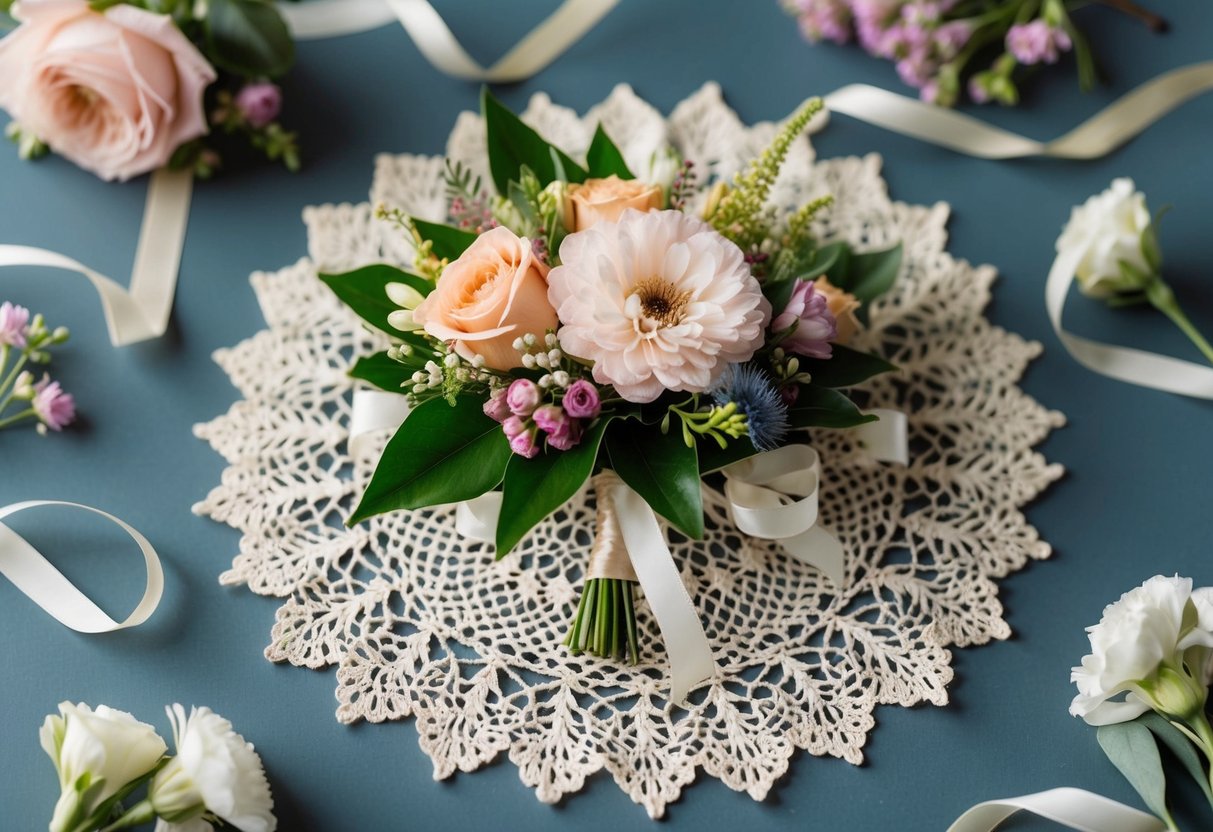 A beautifully arranged corsage displayed on a vintage lace doily, surrounded by delicate floral and ribbon accents