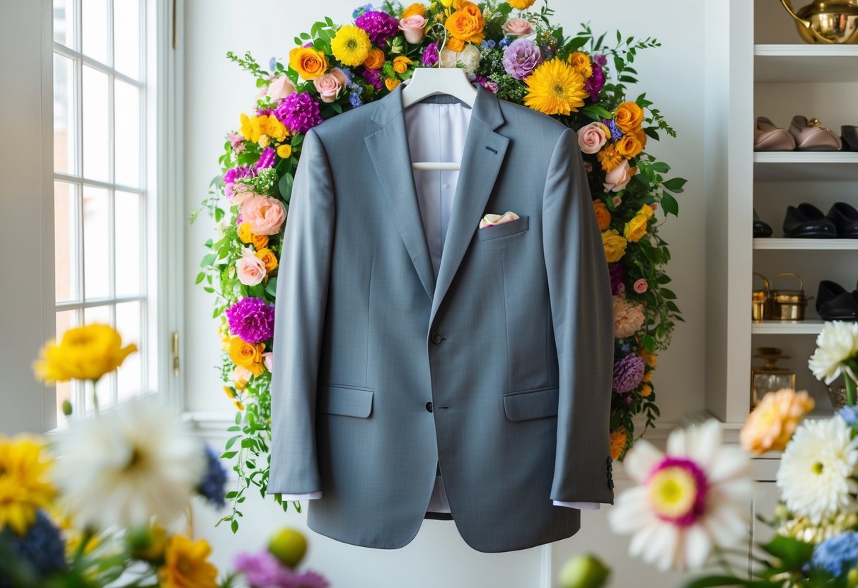 A grey suit hanging in a sunlit room, surrounded by colorful flowers and elegant accessories