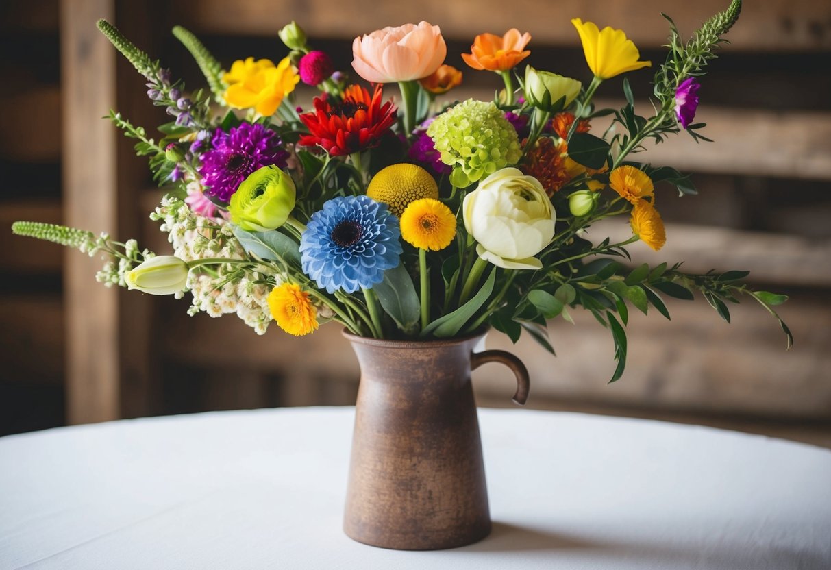 A mix of colorful flowers in various sizes and shapes arranged in a rustic vase for a wedding