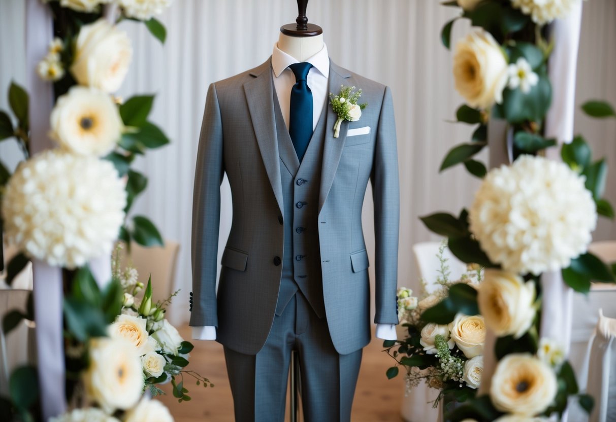 A mannequin in a tailored grey suit, surrounded by wedding decor and flowers