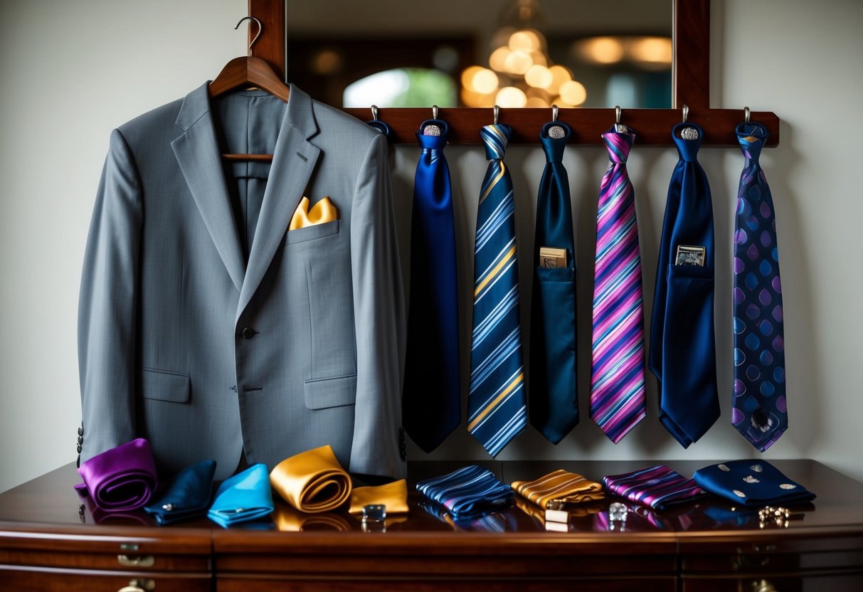 A grey suit hanging on a wooden hanger, surrounded by a selection of colorful ties, pocket squares, and cufflinks on a polished dresser